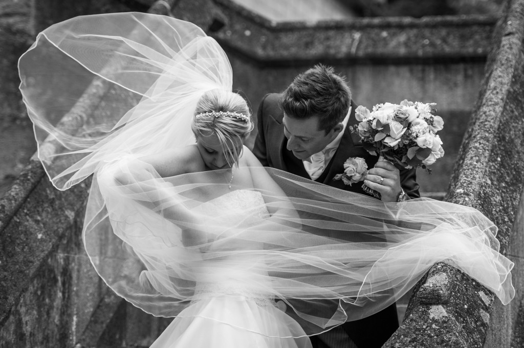 wedding couple windy day monochrome